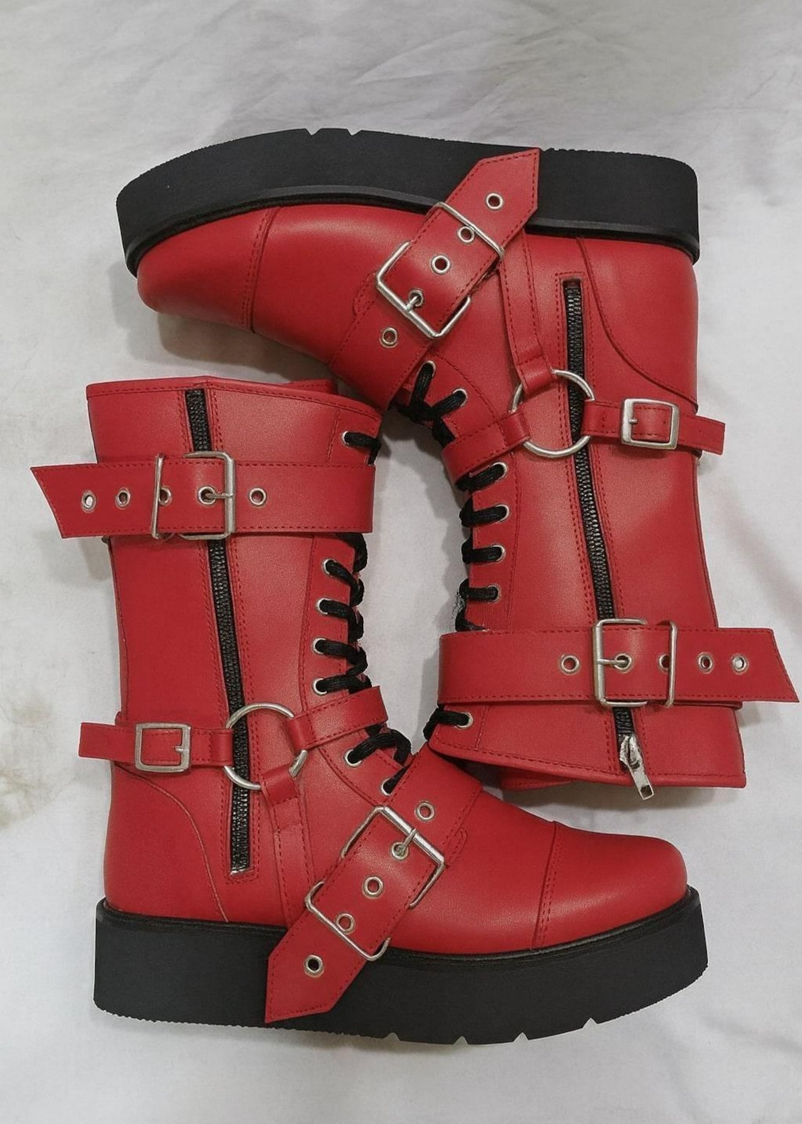 Red Wrestling Boots Unisex  Pro Leather Fight Gear Laced Up Long Shoes