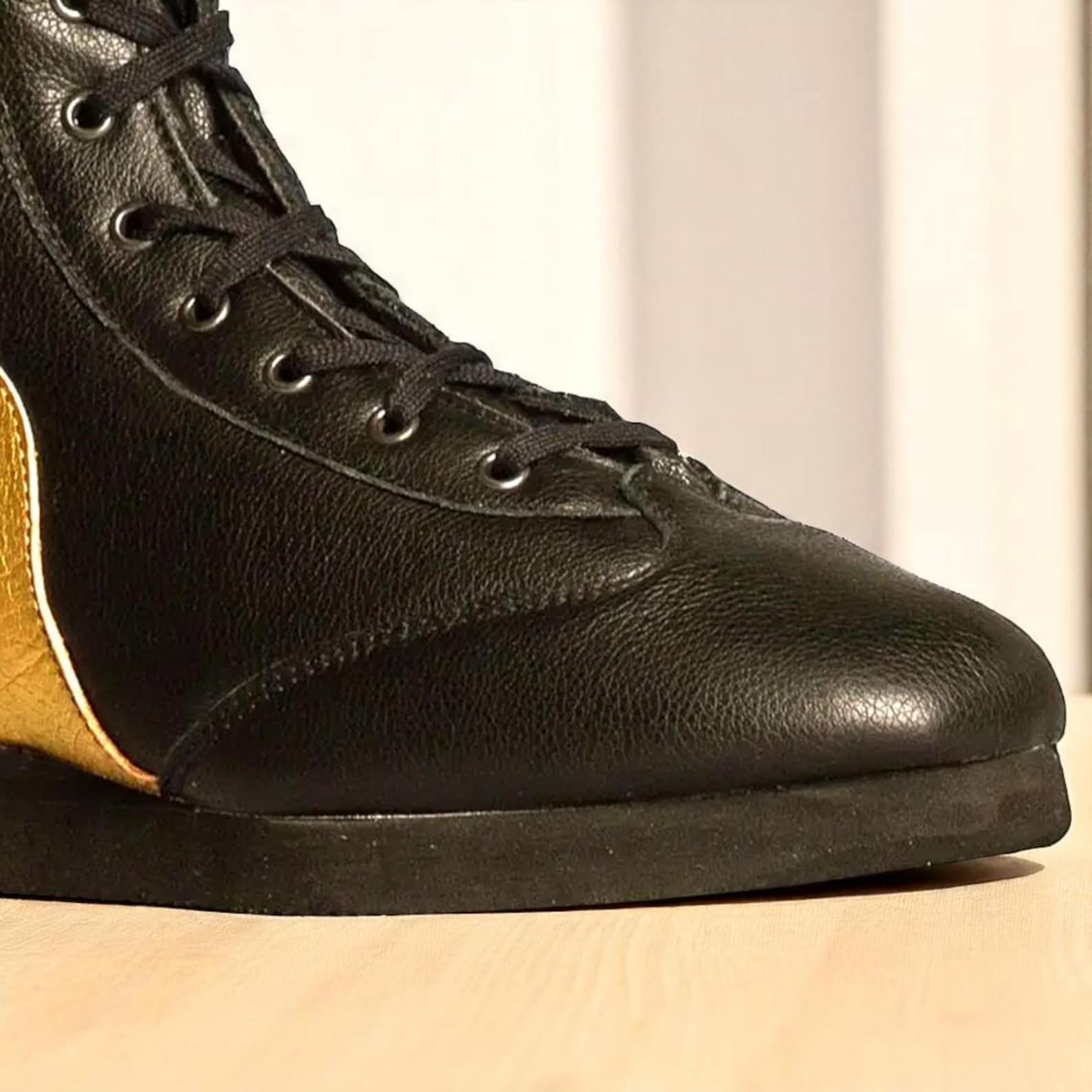 Custom Pro Wrestling Boots Black Leather with Gold Flames