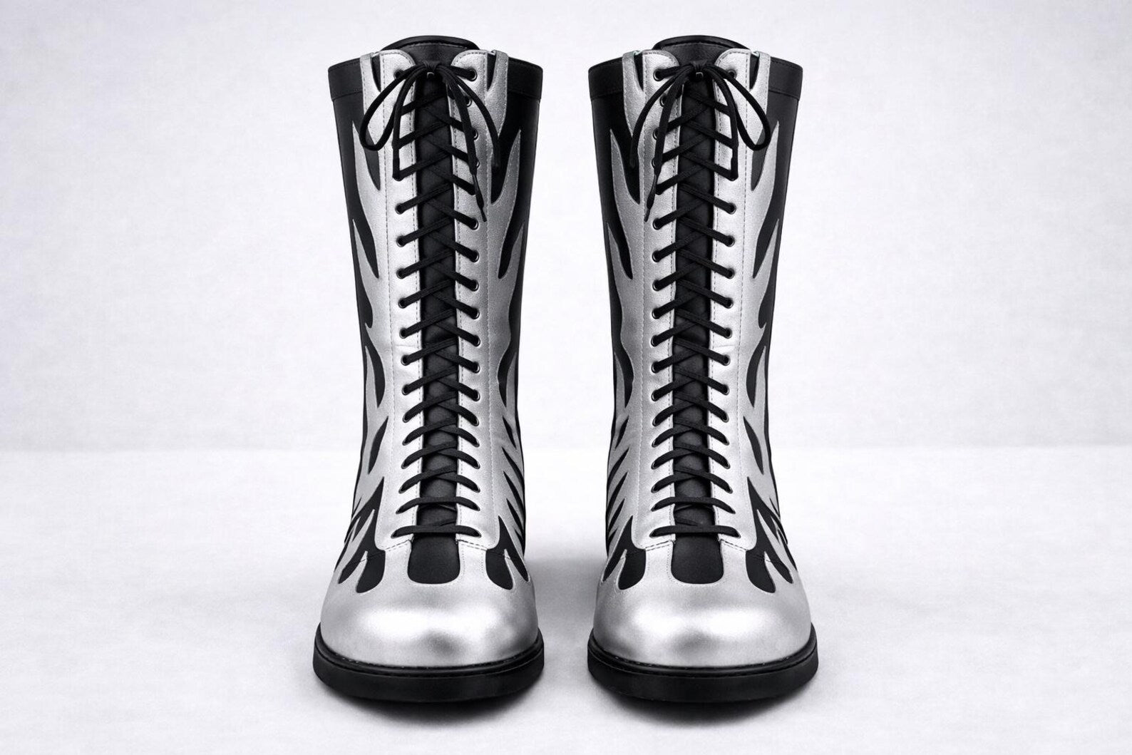 Black Silver Flame Wrestling Boots – Custom Knee-High Leather Ring Gear