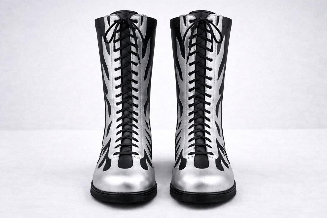Black Silver Flame Wrestling Boots – Custom Knee-High Leather Ring Gear