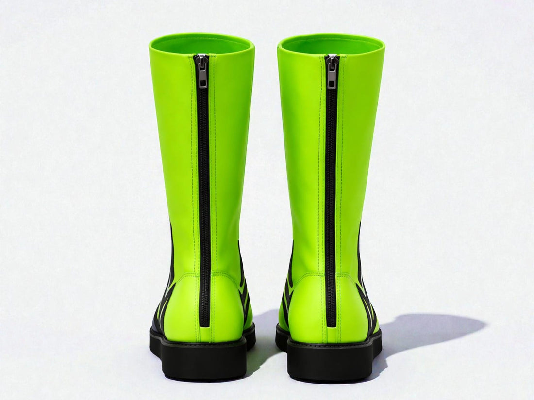 Neon Green Flame Wrestling Boots – Black Lace-Up High-Top Ring Shoes