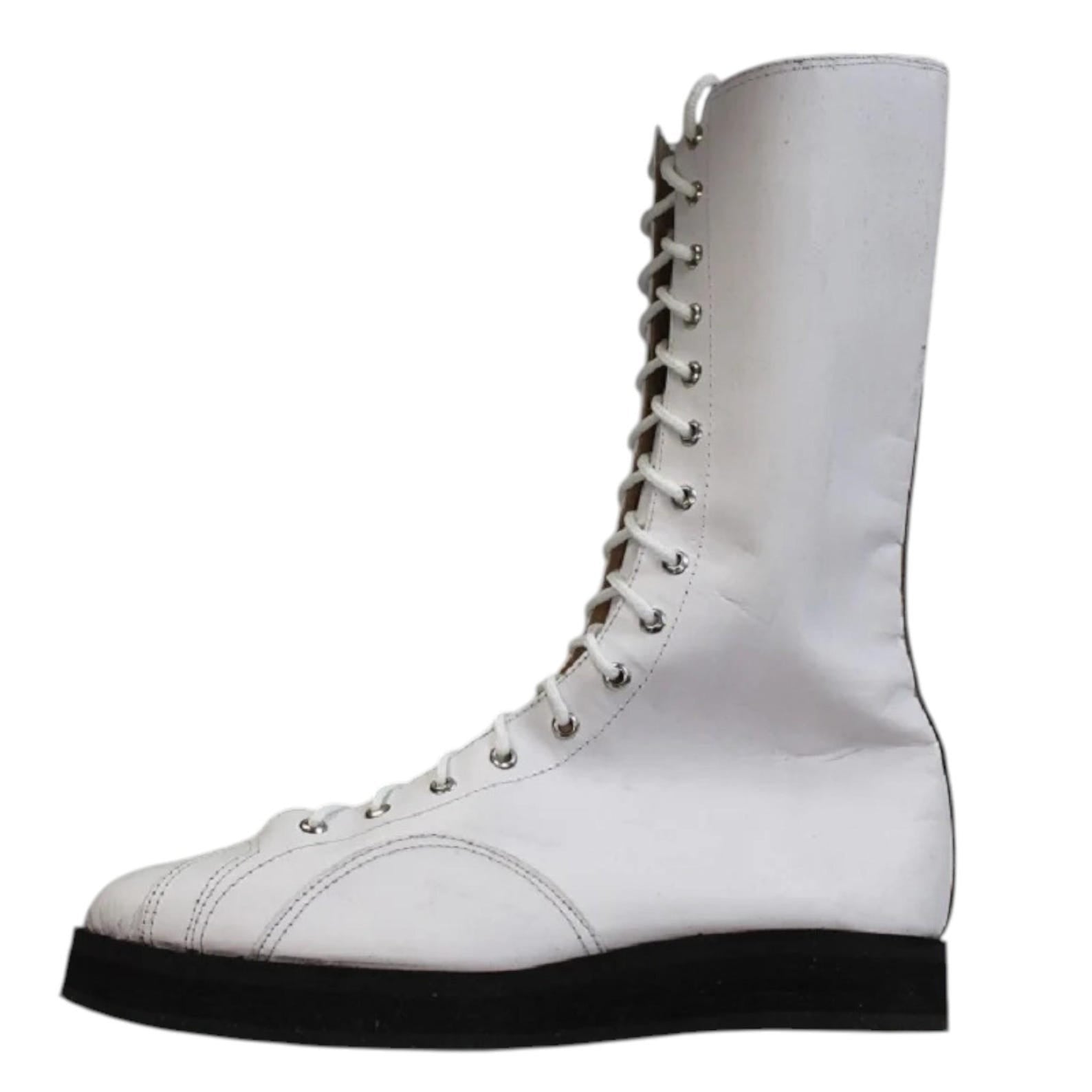 Handmade White Leather Wrestling Boots Tall Lace-Up Costume Shoes