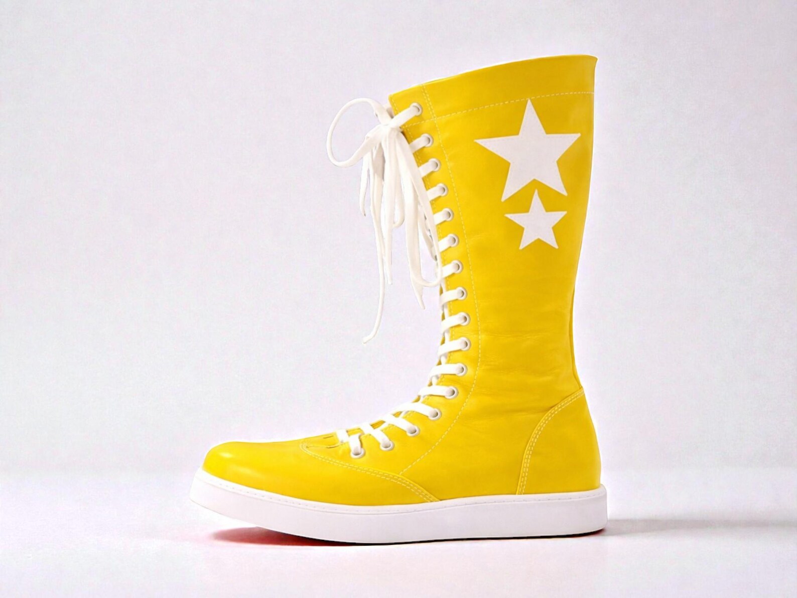 Yellow Leather Pro Wrestling Boots  Custom Tall Lace Up Ring Shoes with Star Design