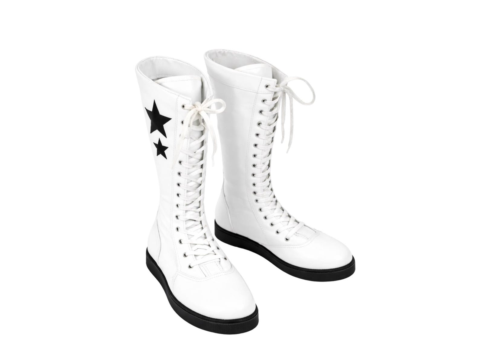 White Leather Lace-Up Wrestling Boots with Black Stars