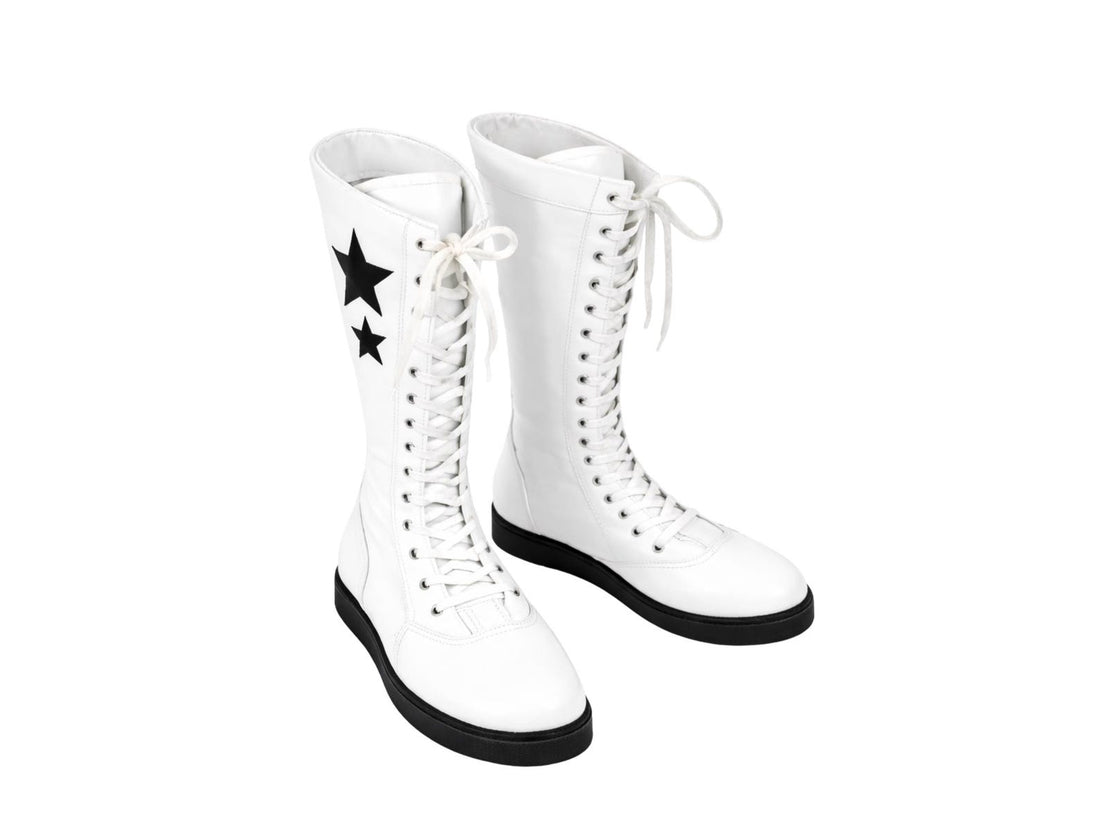 White Leather Lace-Up Wrestling Boots with Black Stars