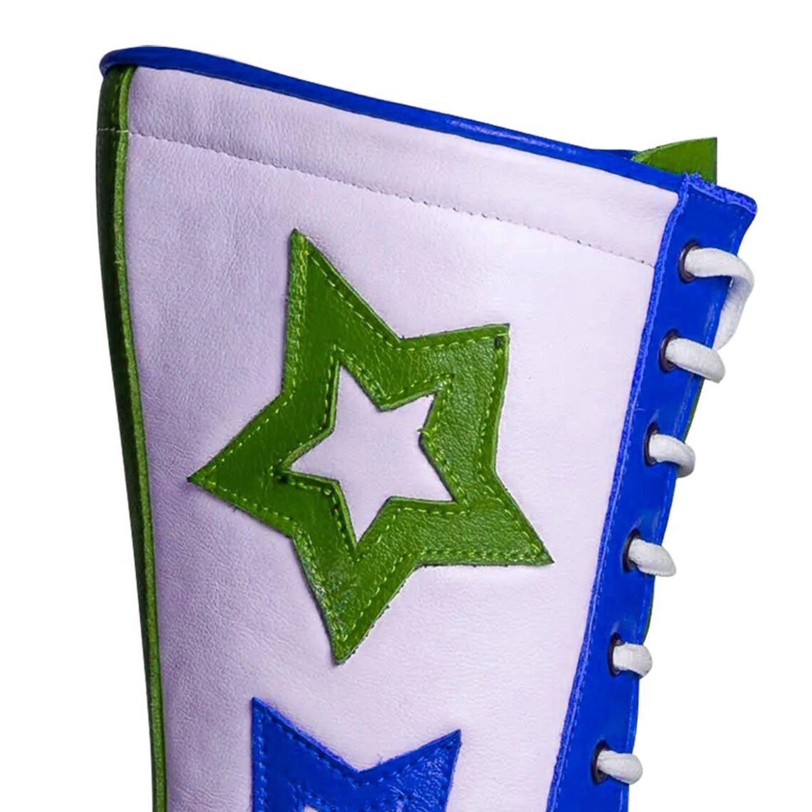 Handmade Star Pattern Wrestling Boots Blue Green Leather Ring Gear