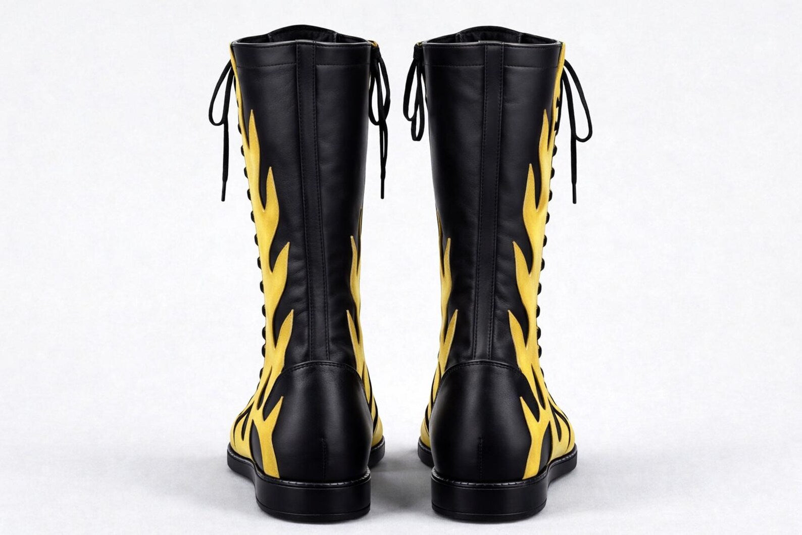 Black Gold Flame Wrestling Boots – Handmade Knee-High Pro Ring Boots