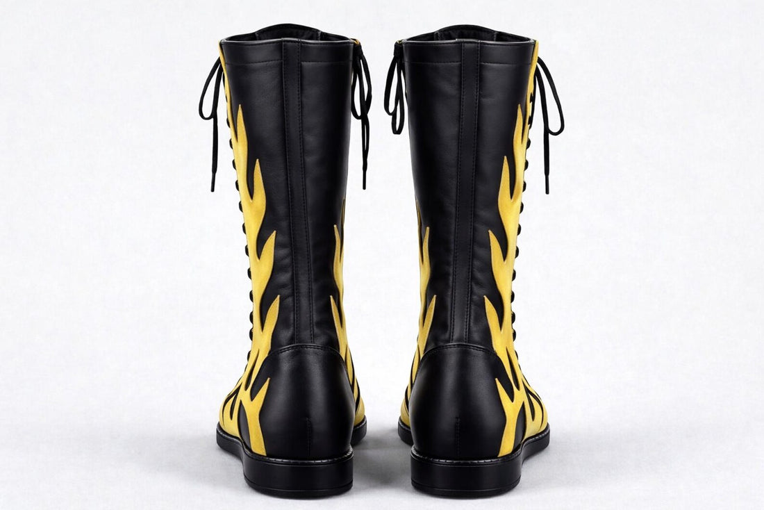 Black Gold Flame Wrestling Boots – Handmade Knee-High Pro Ring Boots