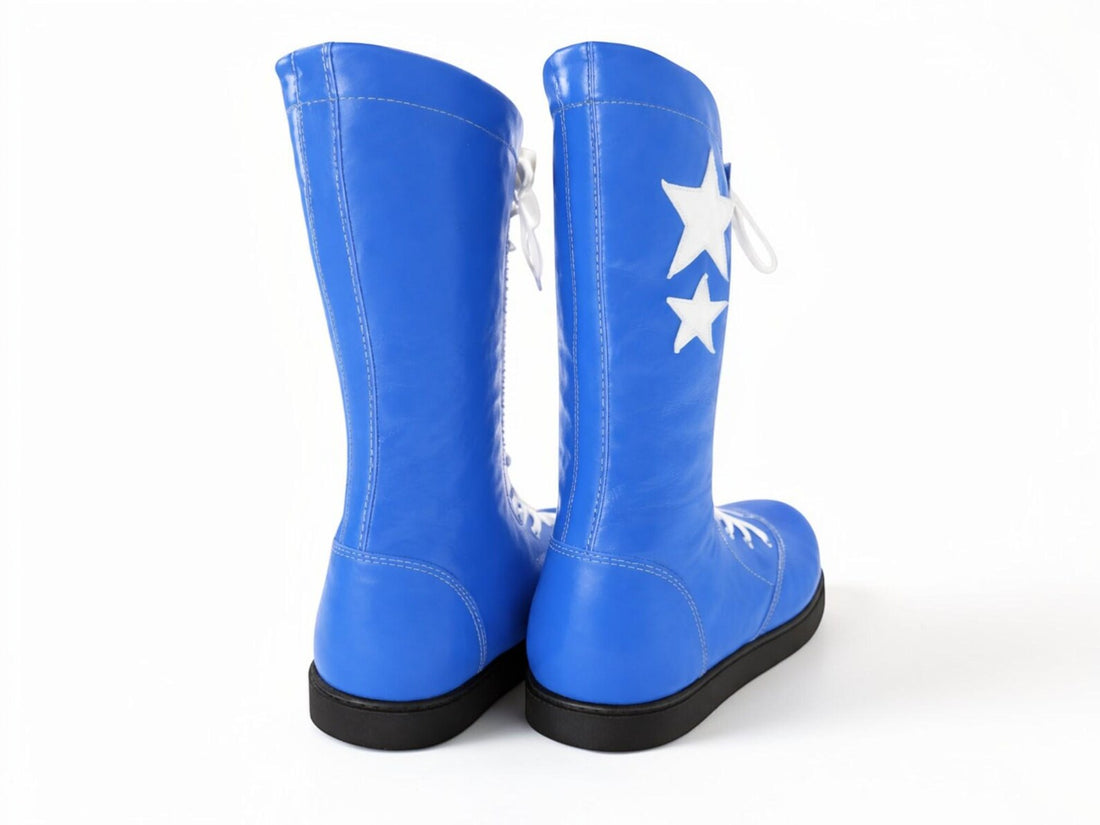 Custom Handmade Blue Leather Wrestling Boots White Star Design Mens Ring Gear
