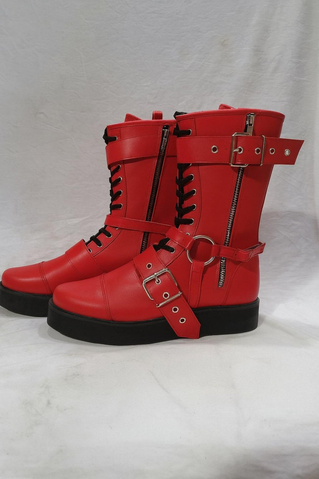 Red Wrestling Boots Unisex  Pro Leather Fight Gear Laced Up Long Shoes
