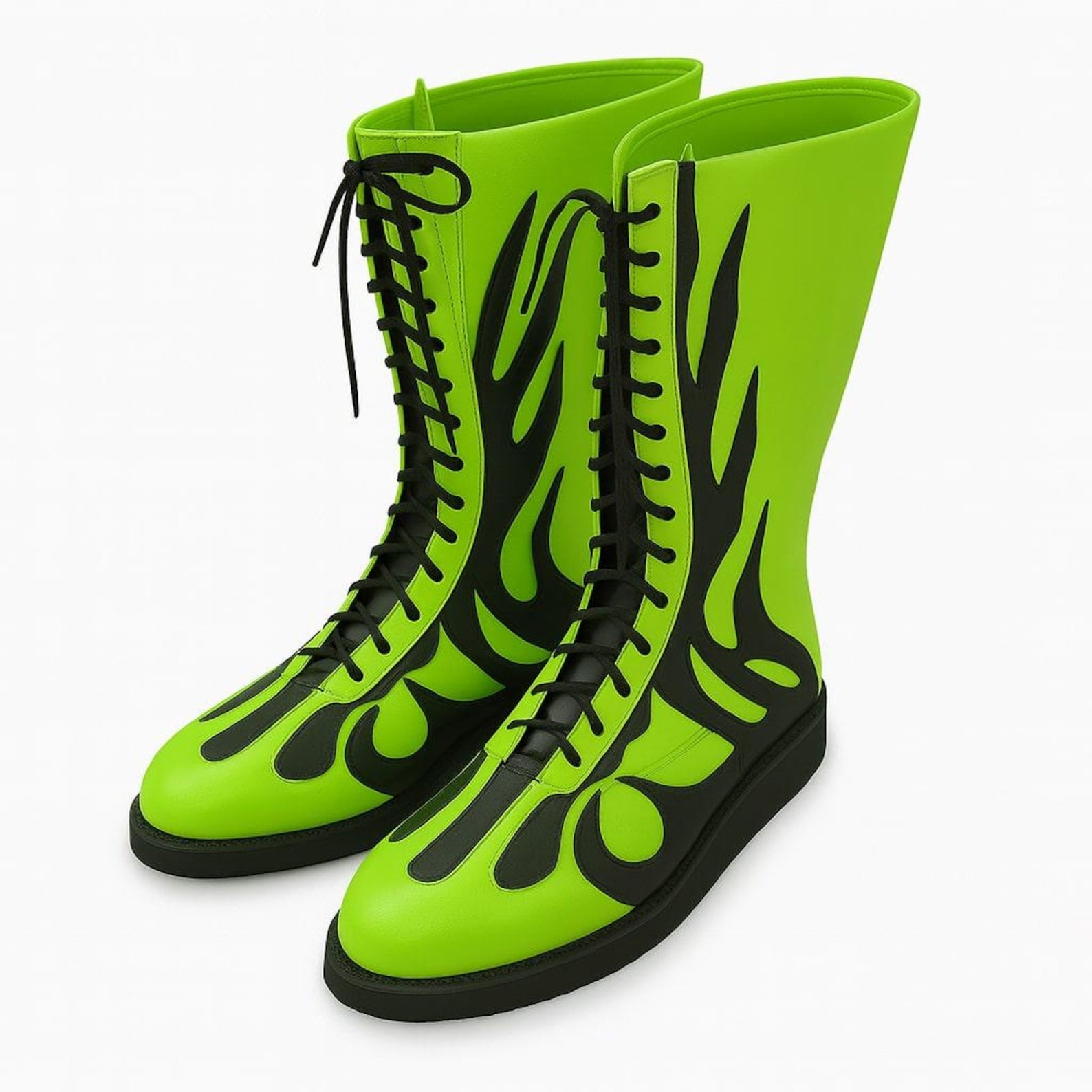 Pro Wrestling Boots Neon Green  Black Flame Genuine Leather Fight Shoes