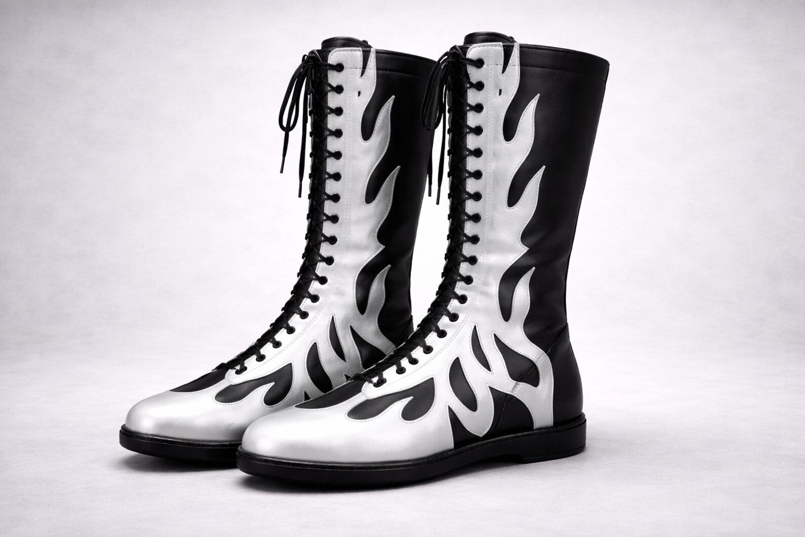 Black Silver Flame Wrestling Boots – Custom Knee-High Leather Ring Gear