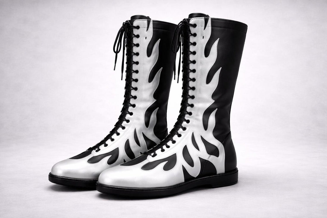 Black Silver Flame Wrestling Boots – Custom Knee-High Leather Ring Gear