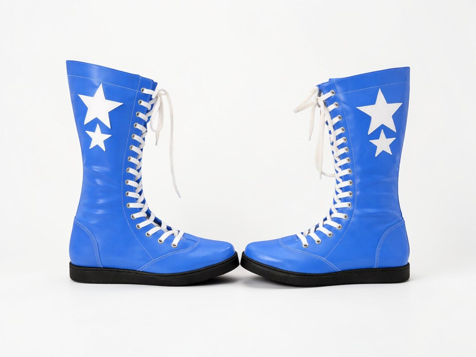 Custom Handmade Blue Leather Wrestling Boots White Star Design Mens Ring Gear