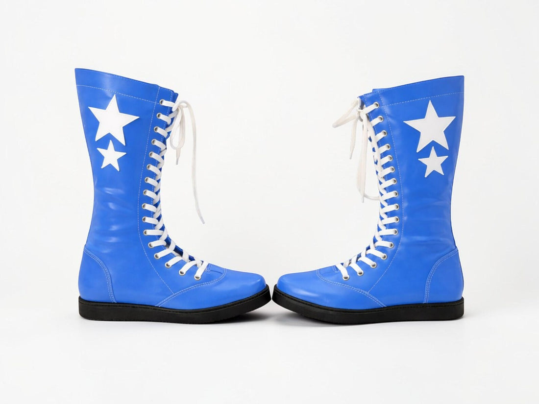Custom Handmade Blue Leather Wrestling Boots White Star Design Mens Ring Gear