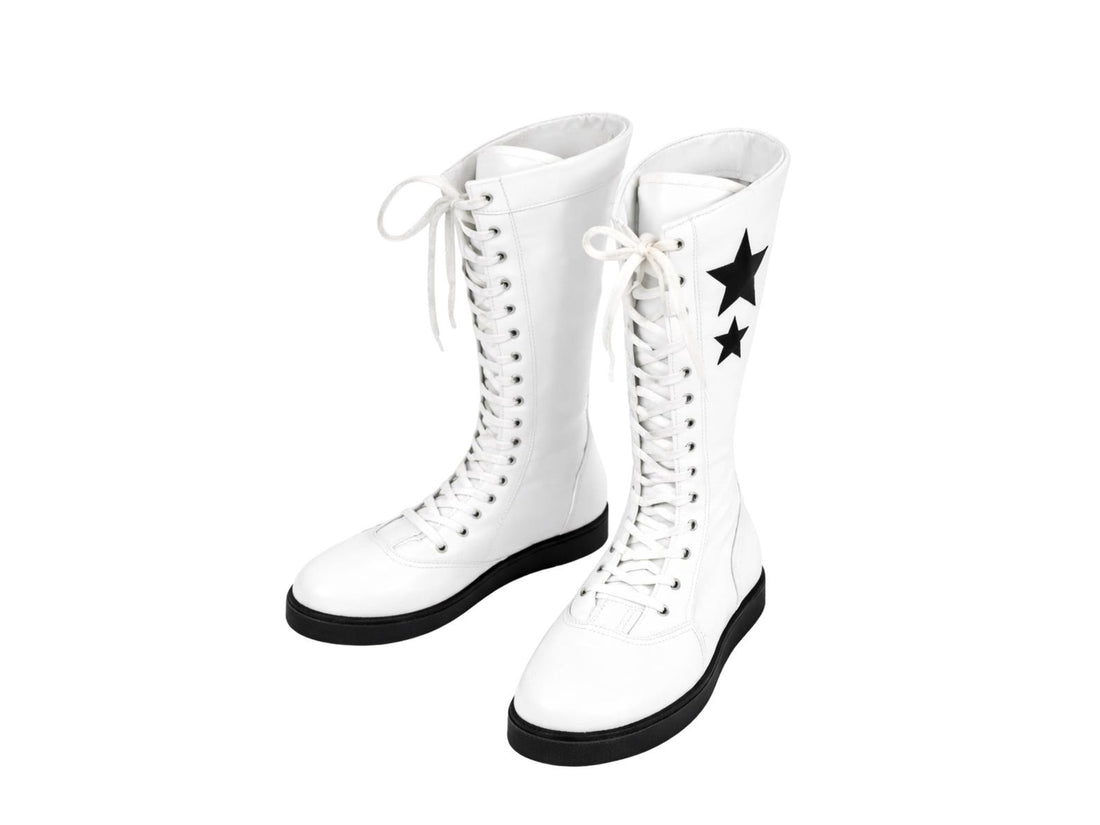 White Leather Lace-Up Wrestling Boots with Black Stars