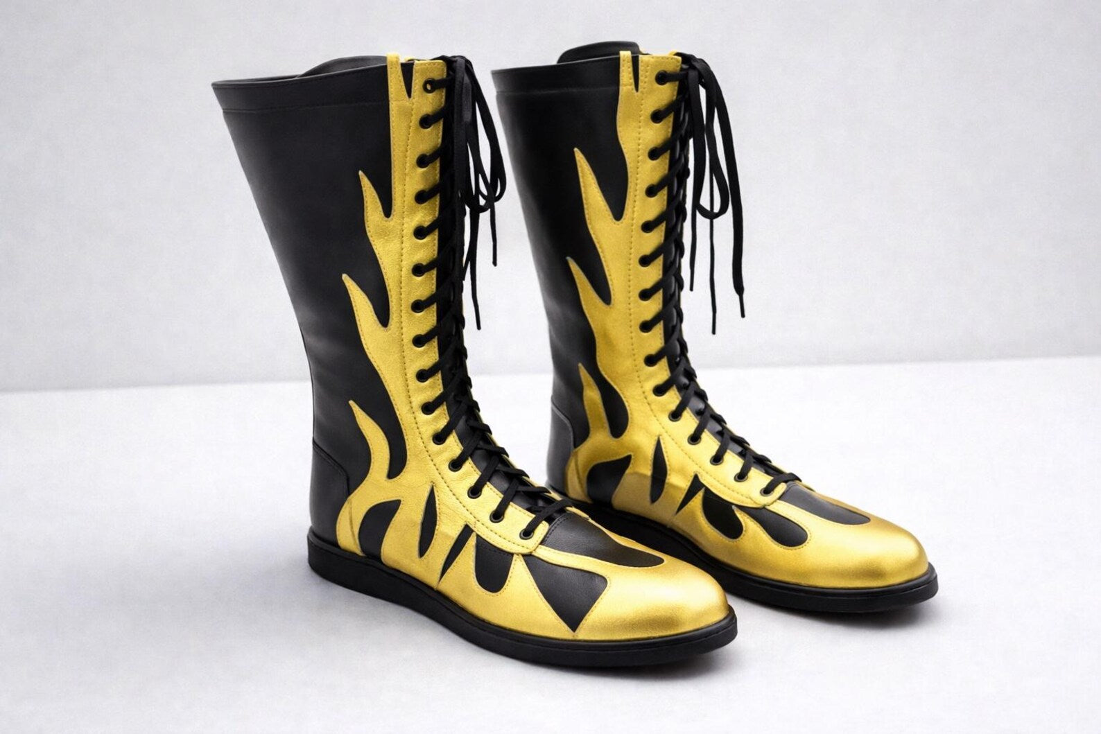 Black Gold Flame Wrestling Boots – Handmade Knee-High Pro Ring Boots