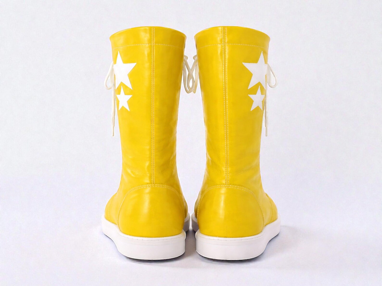 Yellow Leather Pro Wrestling Boots  Custom Tall Lace Up Ring Shoes with Star Design