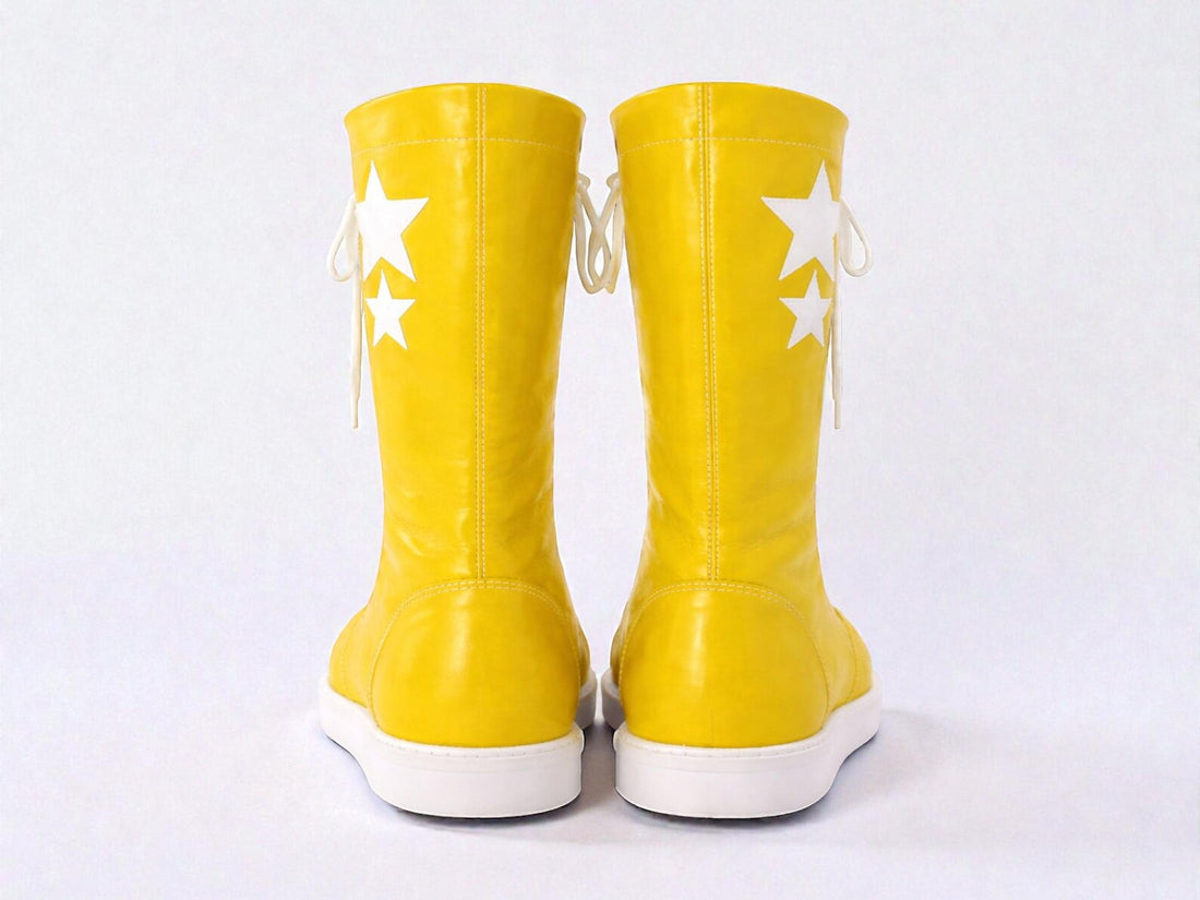 Yellow Leather Pro Wrestling Boots  Custom Tall Lace Up Ring Shoes with Star Design