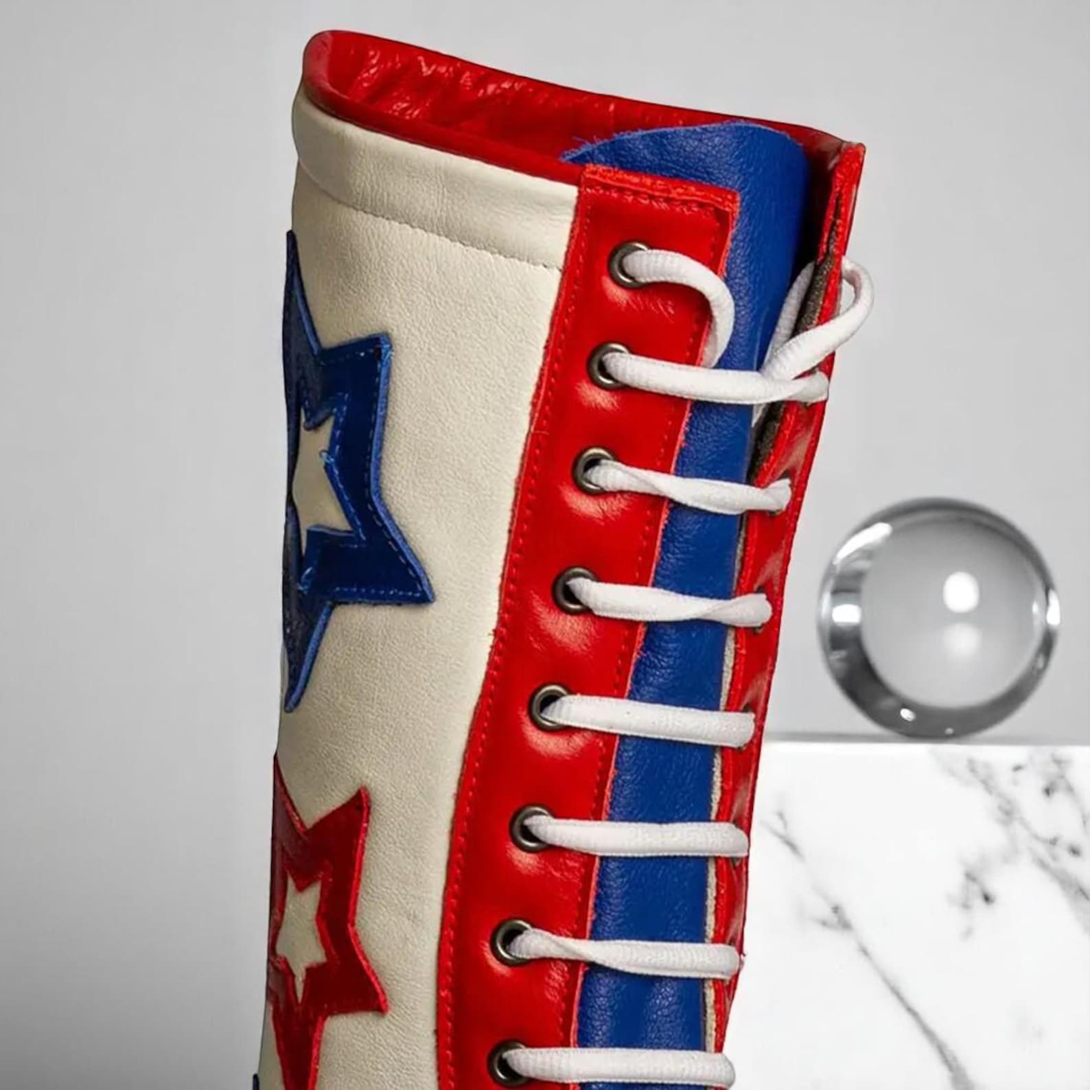 Retro 70s Red White Blue Wrestling Boots Patriotic Star Knee High Ring Gear