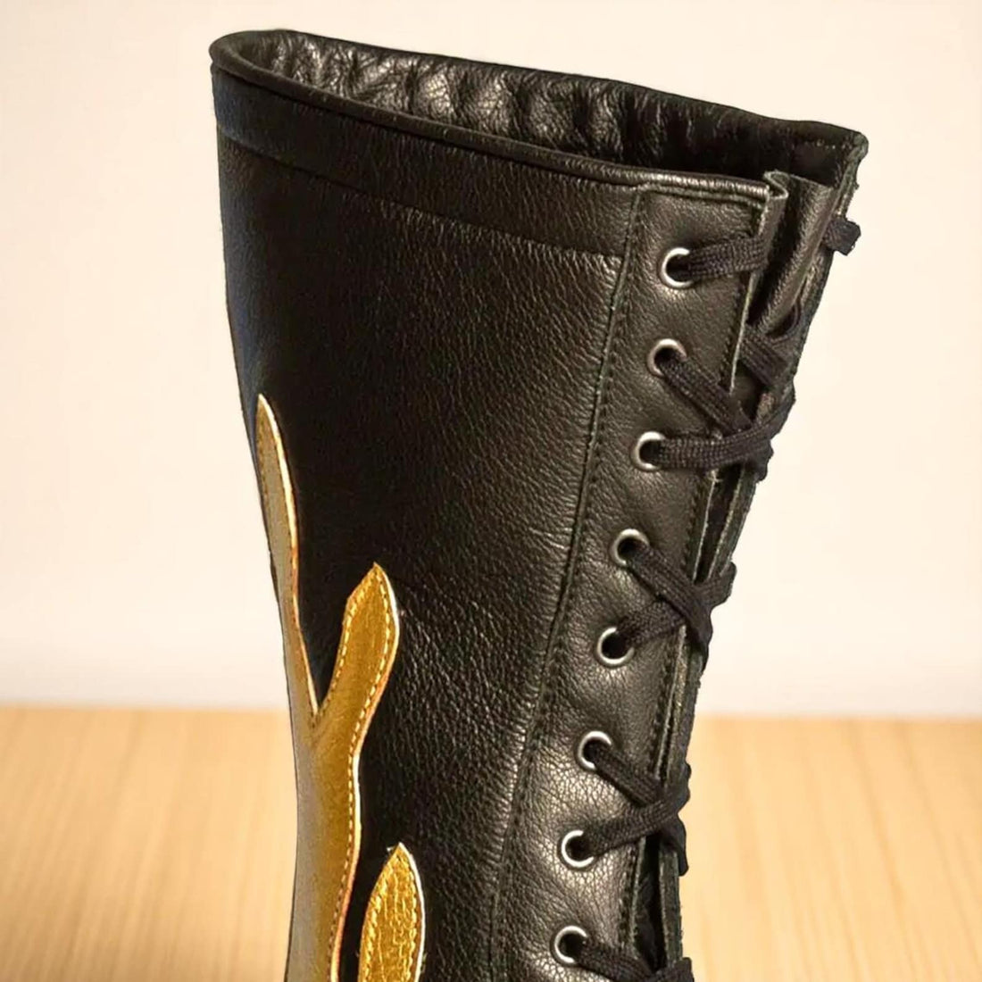 Custom Pro Wrestling Boots Black Leather with Gold Flames