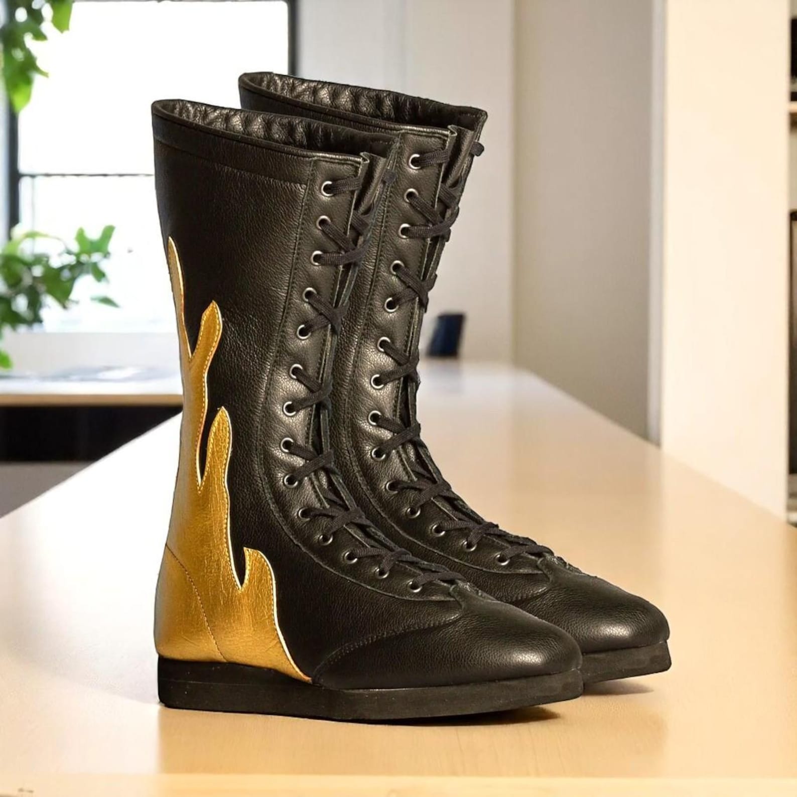 Custom Pro Wrestling Boots Black Leather with Gold Flames