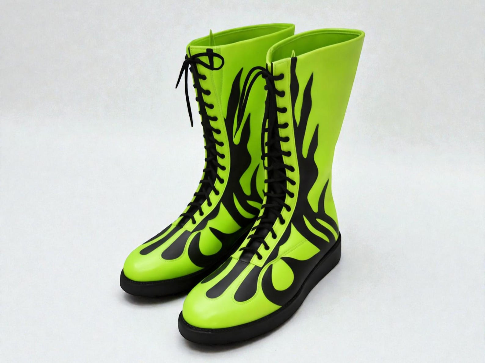 Neon Green Flame Wrestling Boots – Black Lace-Up High-Top Ring Shoes