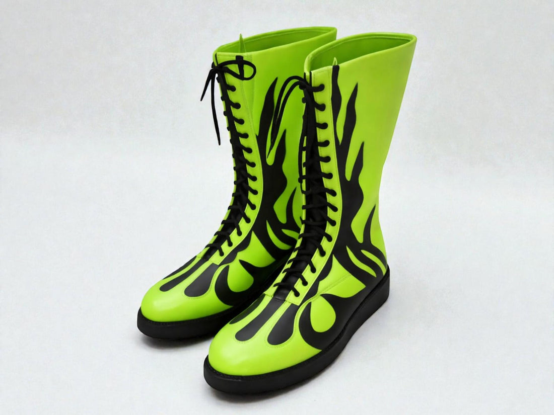 Neon Green Flame Wrestling Boots – Black Lace-Up High-Top Ring Shoes
