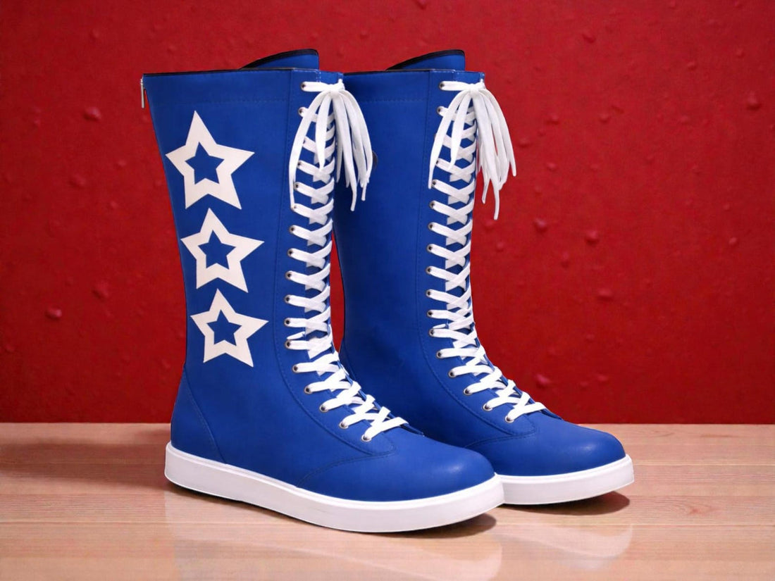 Handmade Leather Pro Wrestling Boots White  Blue Tall Lace Up Boots Professional Ring Shoes