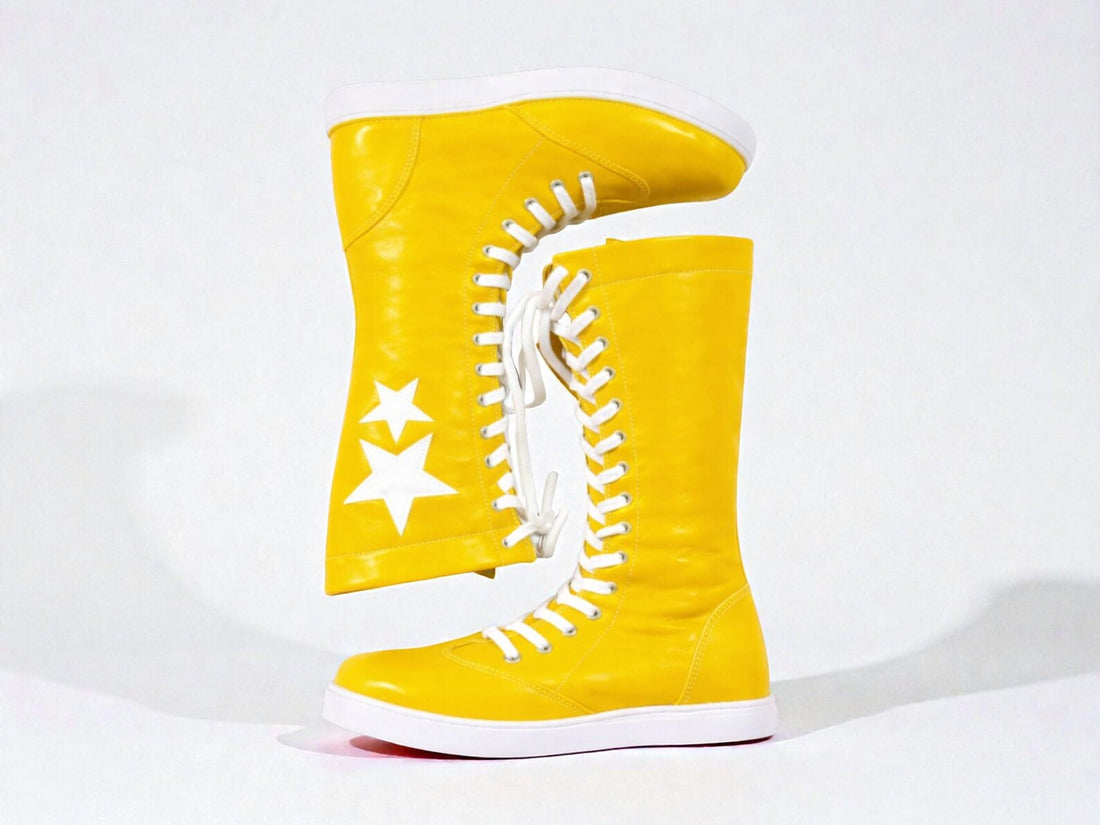 Yellow Leather Pro Wrestling Boots  Custom Tall Lace Up Ring Shoes with Star Design