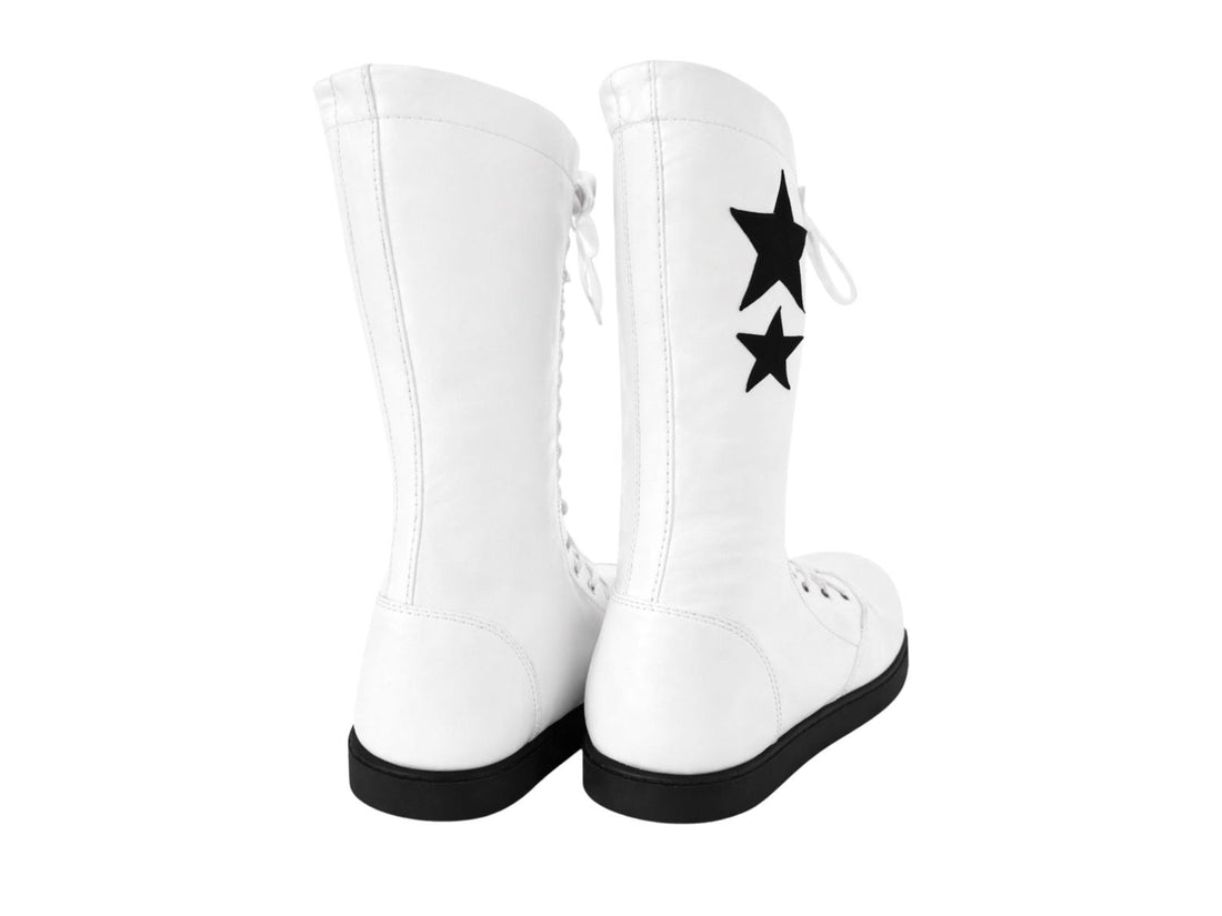 White Leather Lace-Up Wrestling Boots with Black Stars