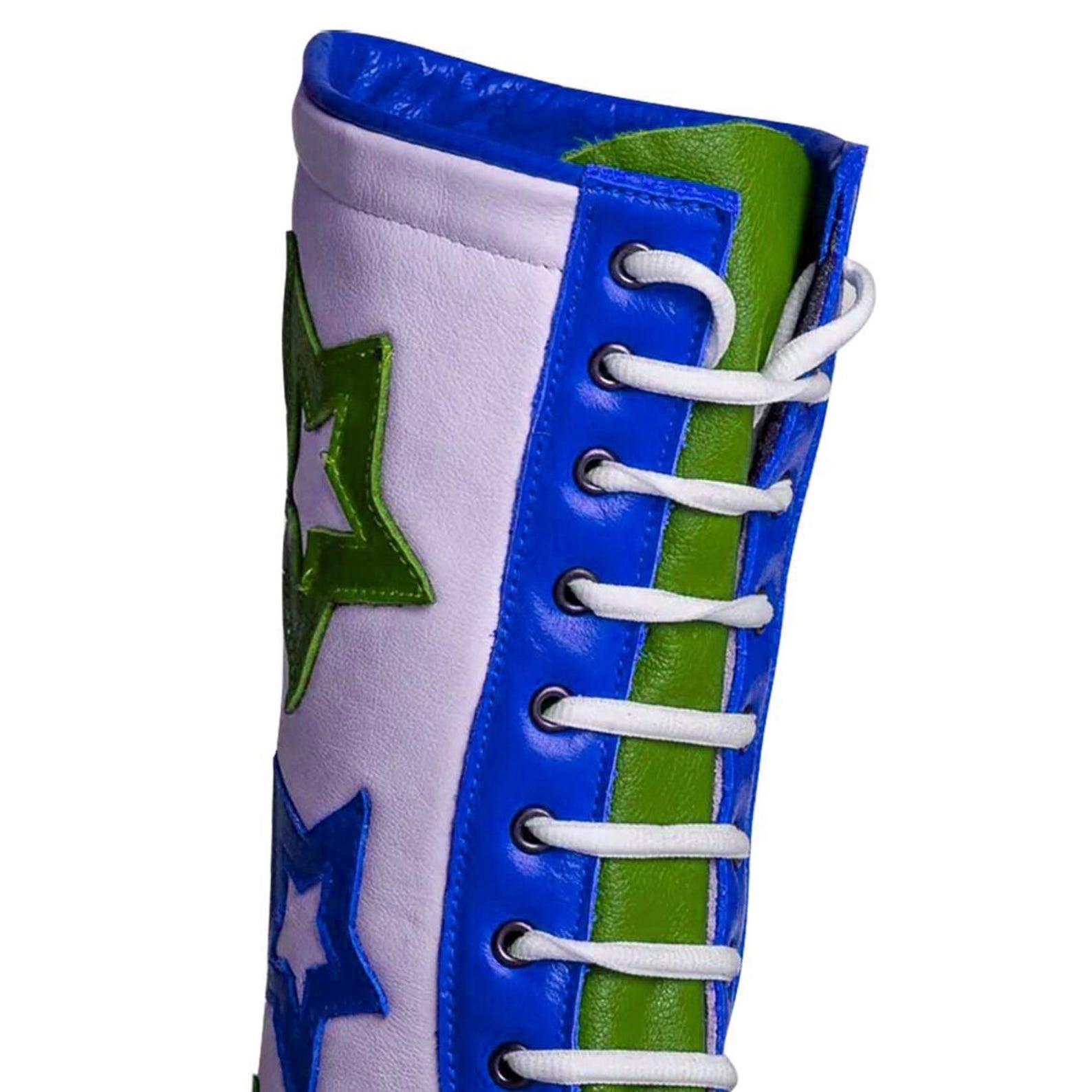 Handmade Star Pattern Wrestling Boots Blue Green Leather Ring Gear