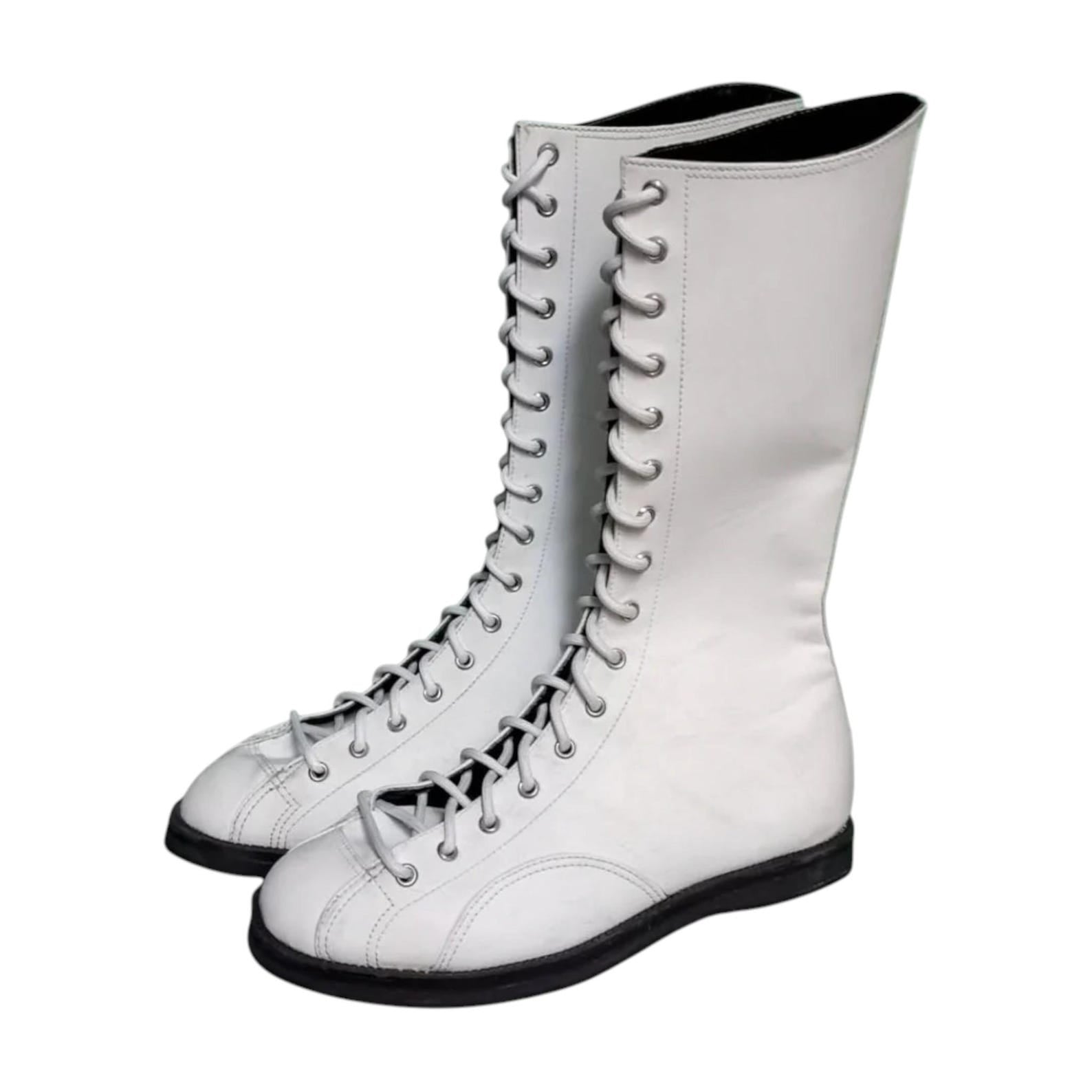 Handmade White Leather Wrestling Boots Tall Lace-Up Costume Shoes