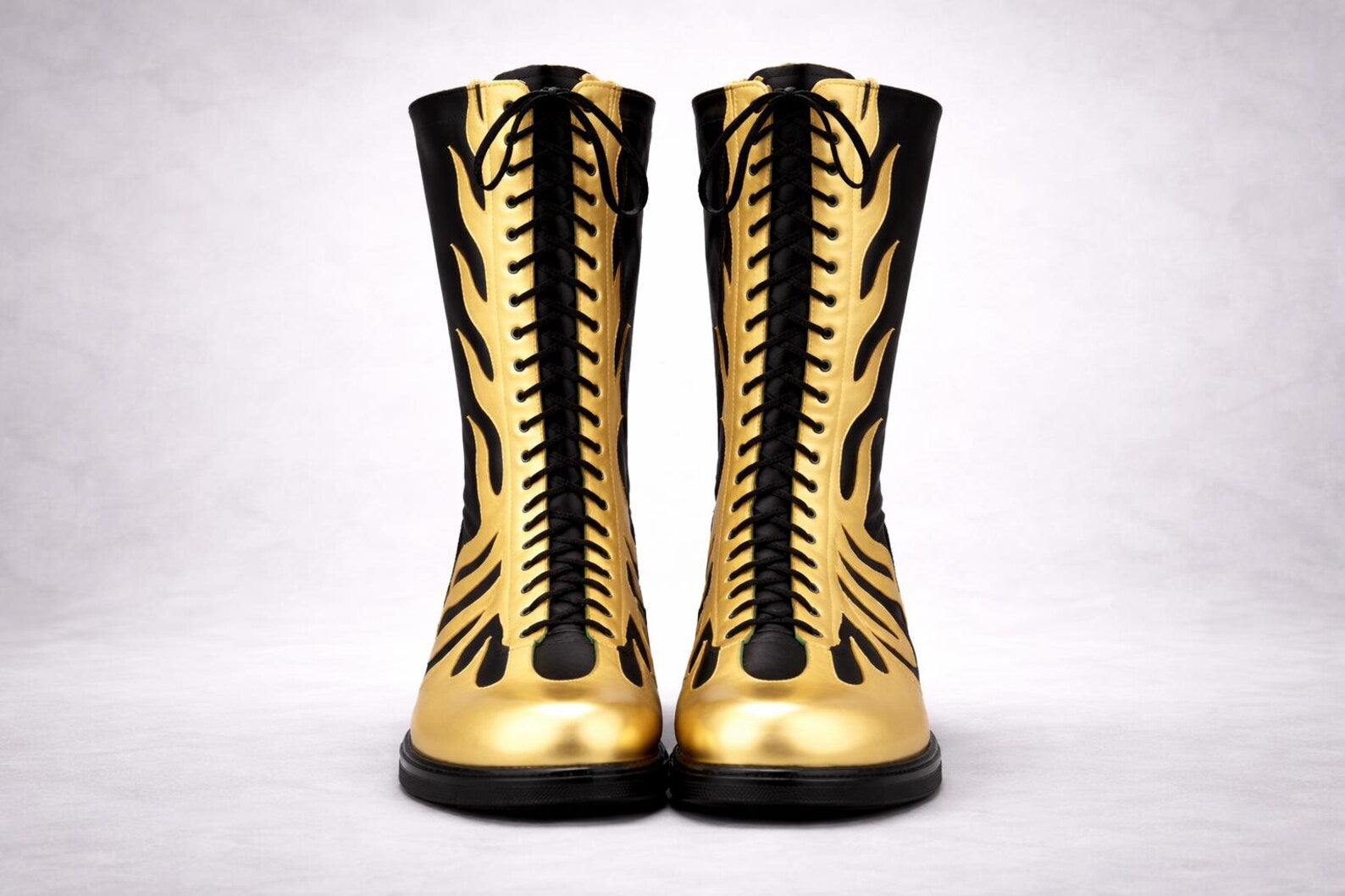 Black Gold Flame Wrestling Boots – Handmade Knee-High Pro Ring Boots