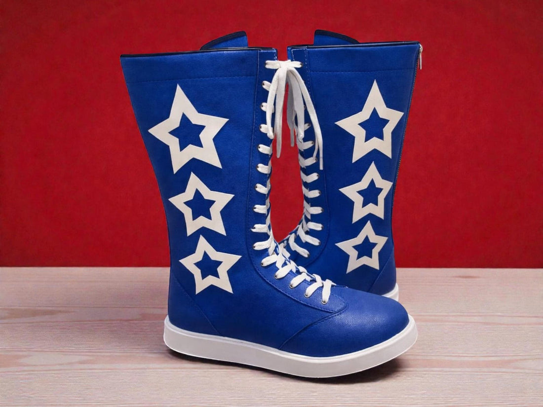 Handmade Leather Pro Wrestling Boots White  Blue Tall Lace Up Boots Professional Ring Shoes