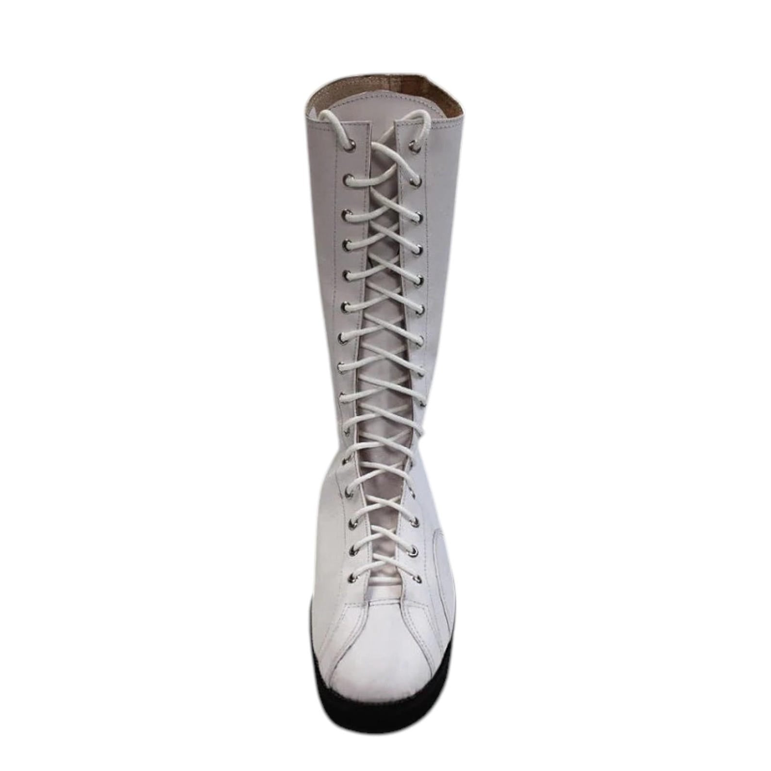 Handmade White Leather Wrestling Boots Tall Lace-Up Costume Shoes