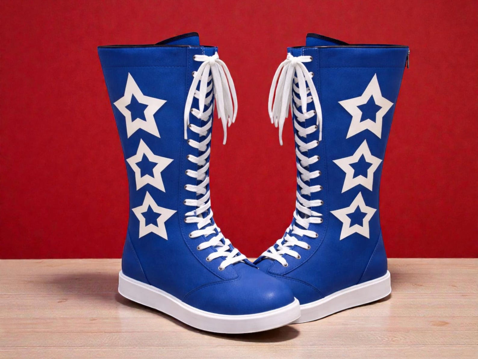 Blue wrestling boots with white star patterns and laces on a red background