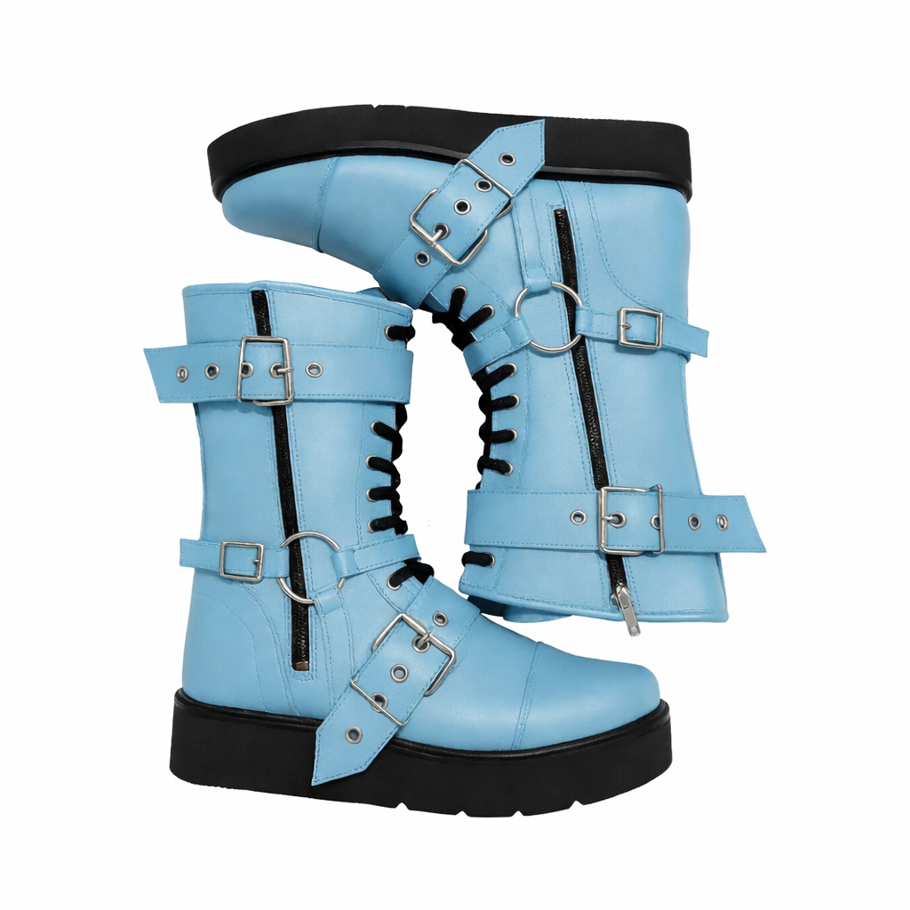 Sky Blue Wrestling Boots with Belts  Buckles Laced Up Long Combat Shoes