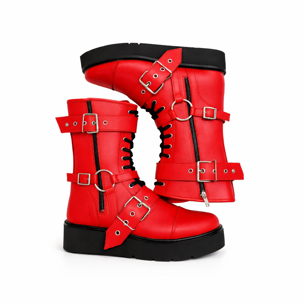 Red Wrestling Boots Unisex  Pro Leather Fight Gear Laced Up Long Shoes