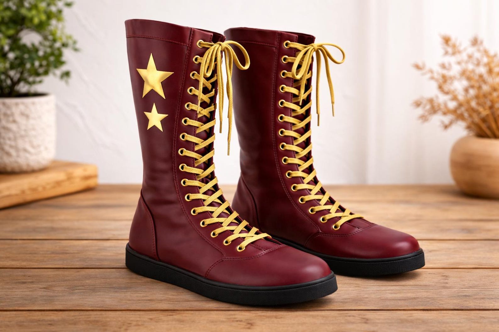 Maroon wrestling boots with yellow laces and stars on a wooden surface