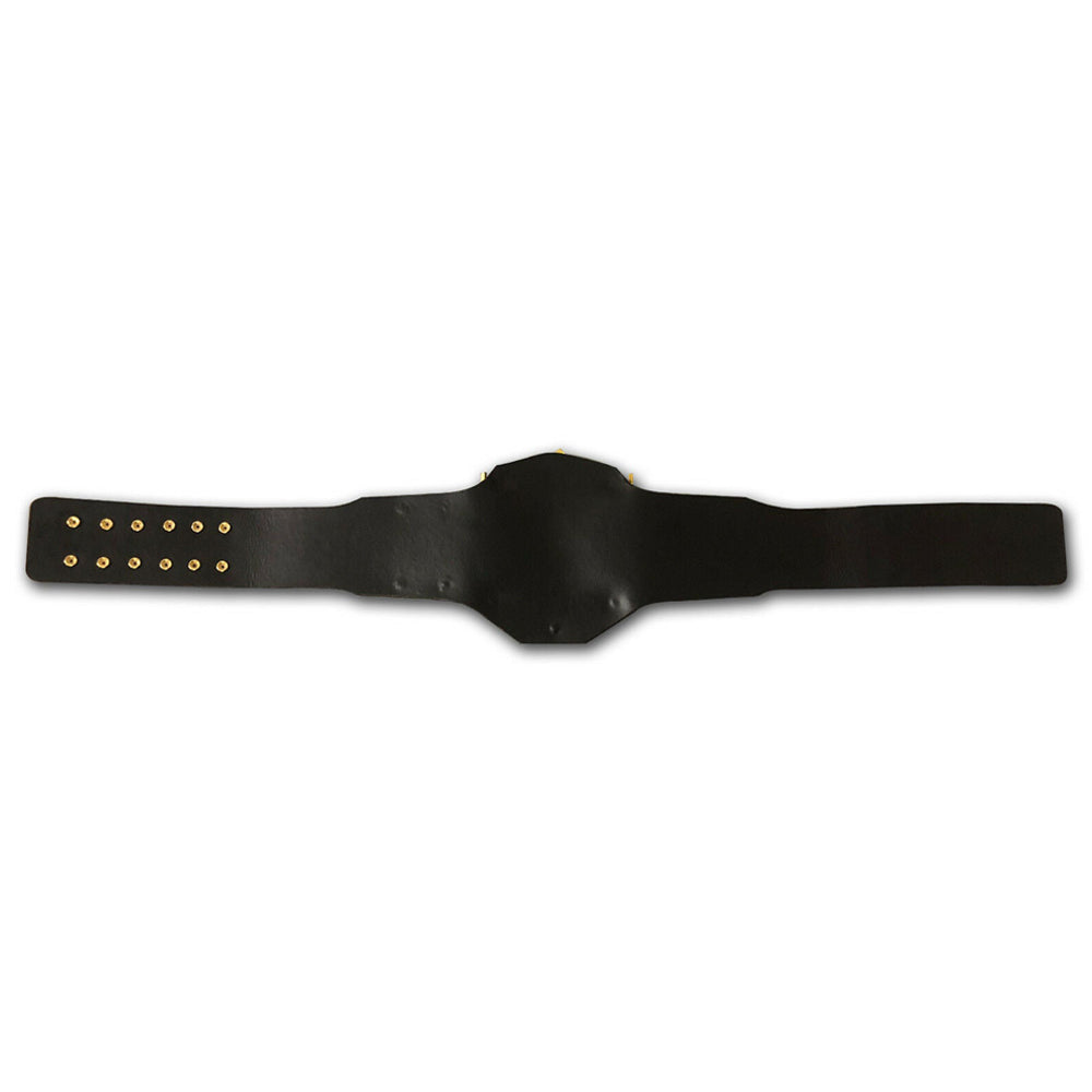 Blank AWA World Heavyweight Championship belt with black leather strap and gold snap buttons