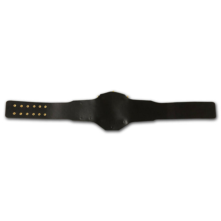 Blank AWA World Heavyweight Championship belt with black leather strap and gold snap buttons