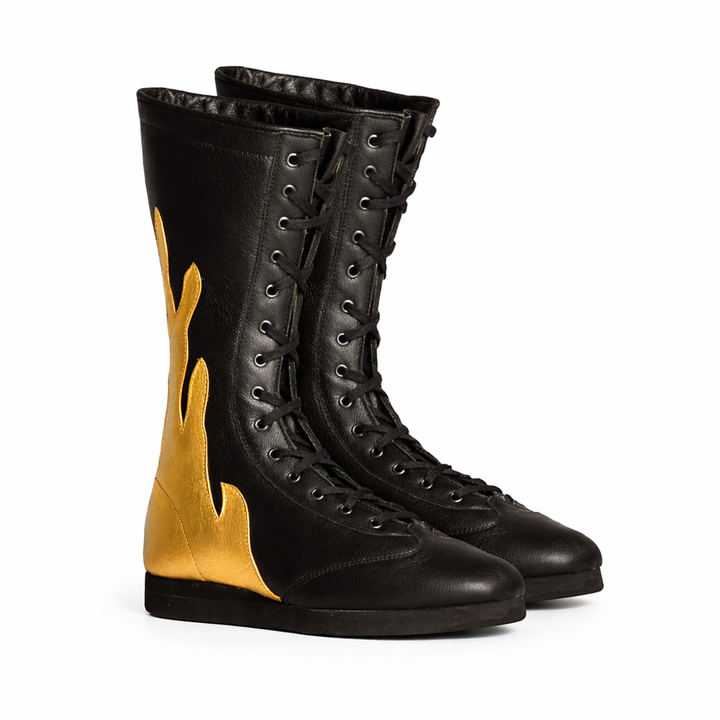 Custom Pro Wrestling Boots Black Leather with Gold Flames