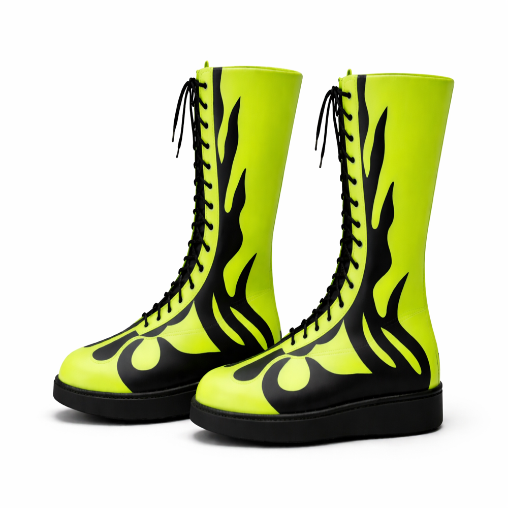 Neon Green Flame Wrestling Boots – Black Lace-Up High-Top Ring Shoes
