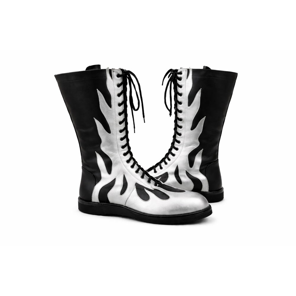 Black Silver Flame Wrestling Boots – Custom Knee-High Leather Ring Gear