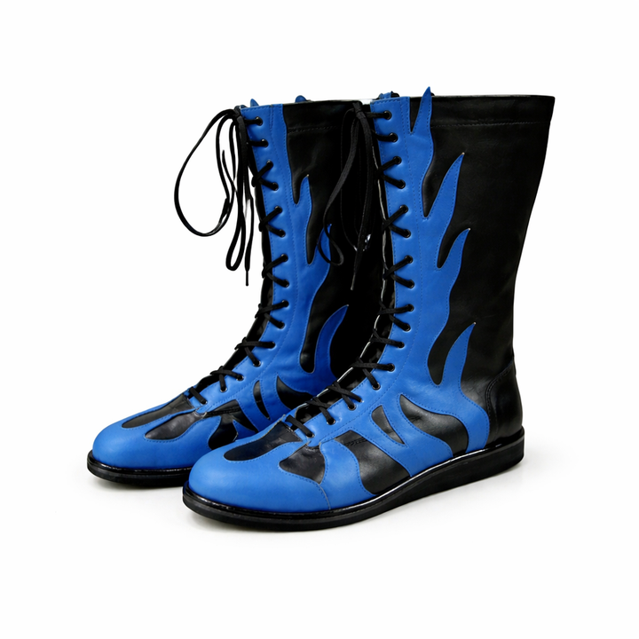 Handmade Flame Leather Wrestling Boots Custom Lace Up Cosplay Footwear