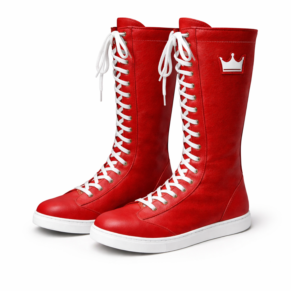 Handmade Red Leather Wrestling Boots High Top Lace Up Boxing Footwear Crown Design