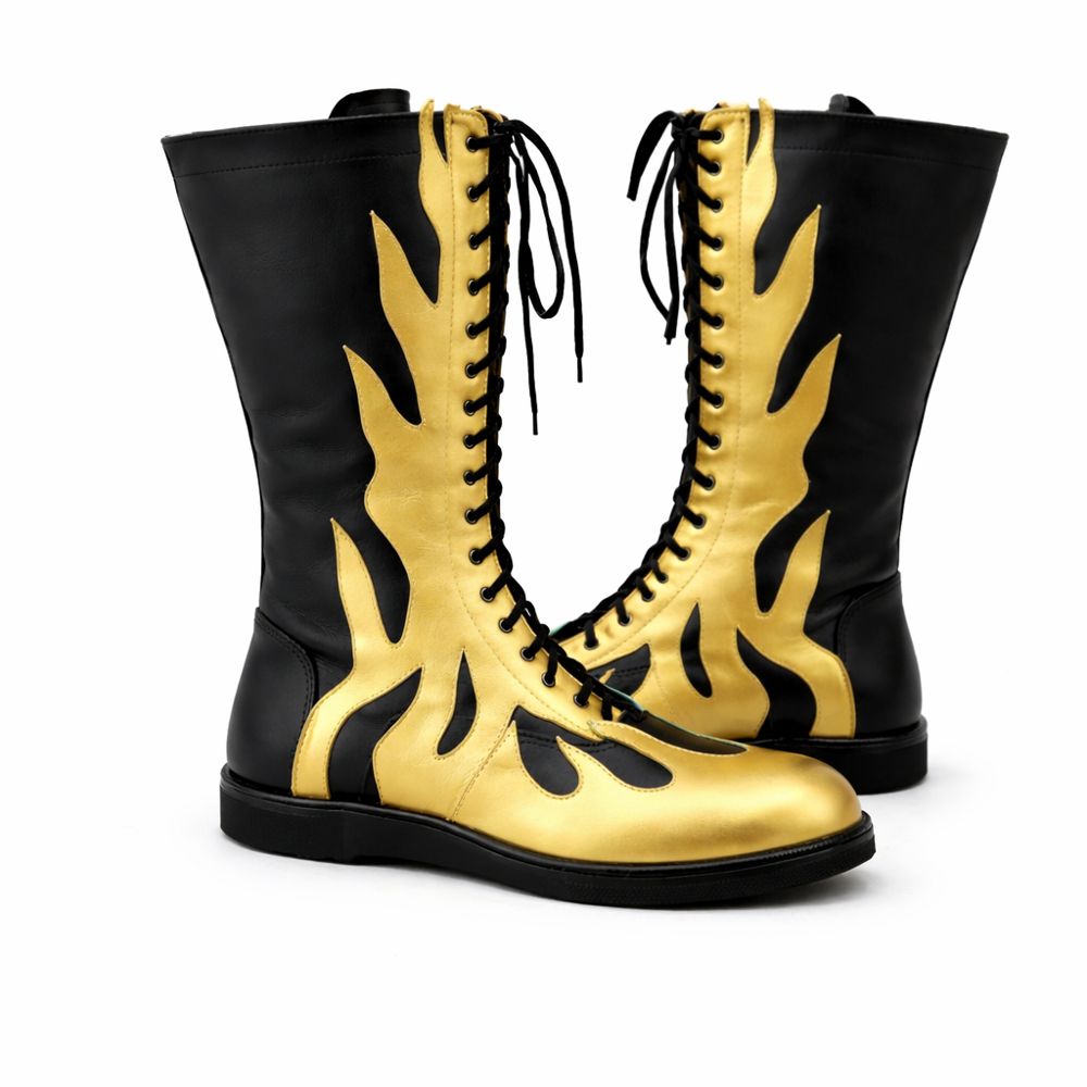 Black Gold Flame Wrestling Boots – Handmade Knee-High Pro Ring Boots