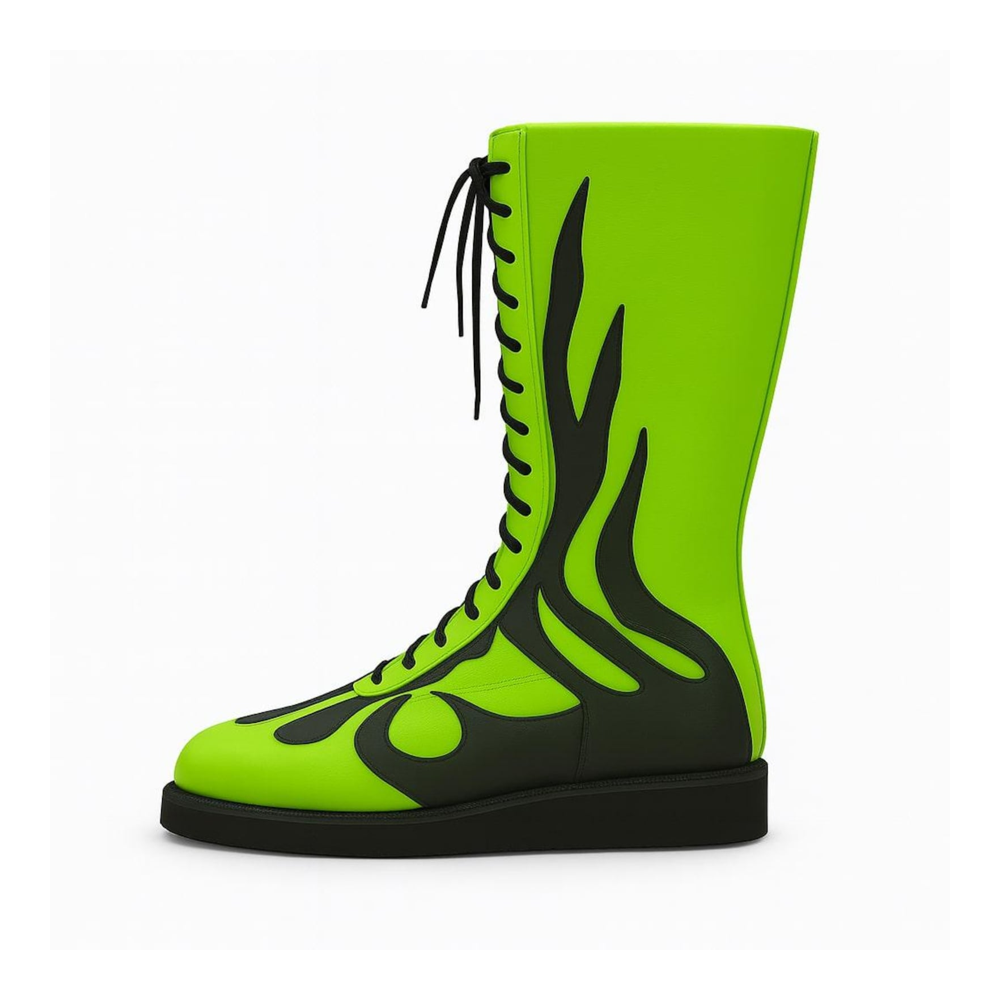 Pro Wrestling Boots Neon Green  Black Flame Genuine Leather Fight Shoes