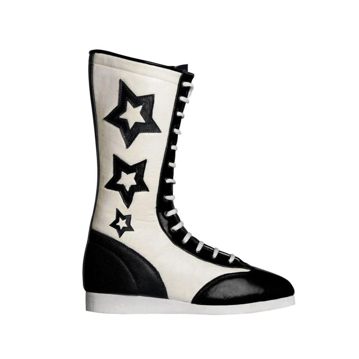 Retro Star Wrestling Boots Black  White High Top Leather Unisex
